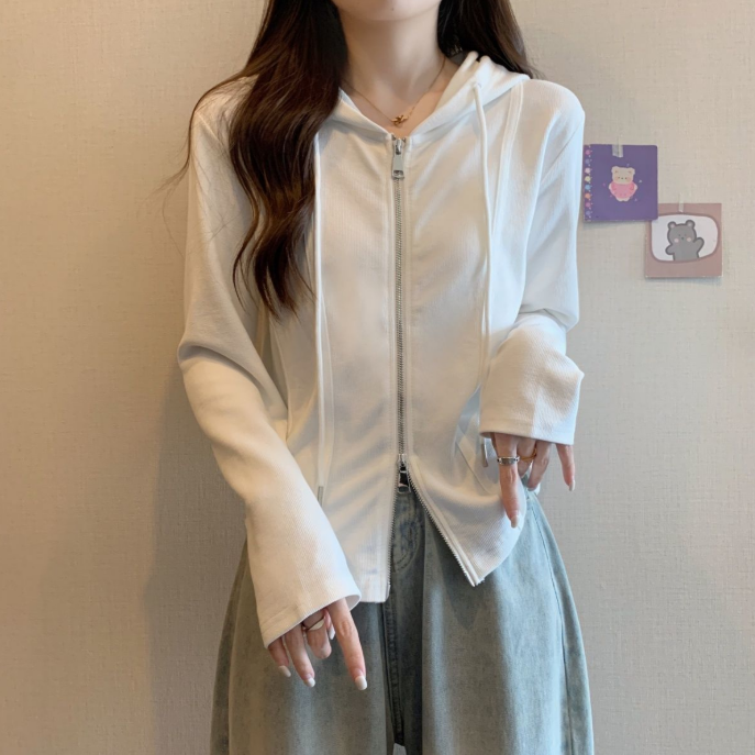 韓版顯瘦雙拉鍊不規則連帽寬鬆長袖T恤-Cicimode