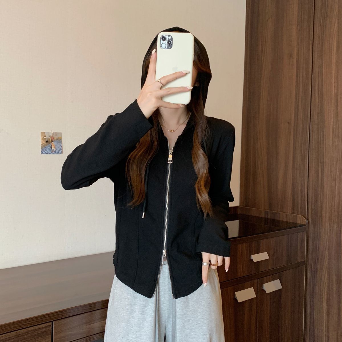 韓版顯瘦雙拉鍊不規則連帽寬鬆長袖T恤-Cicimode