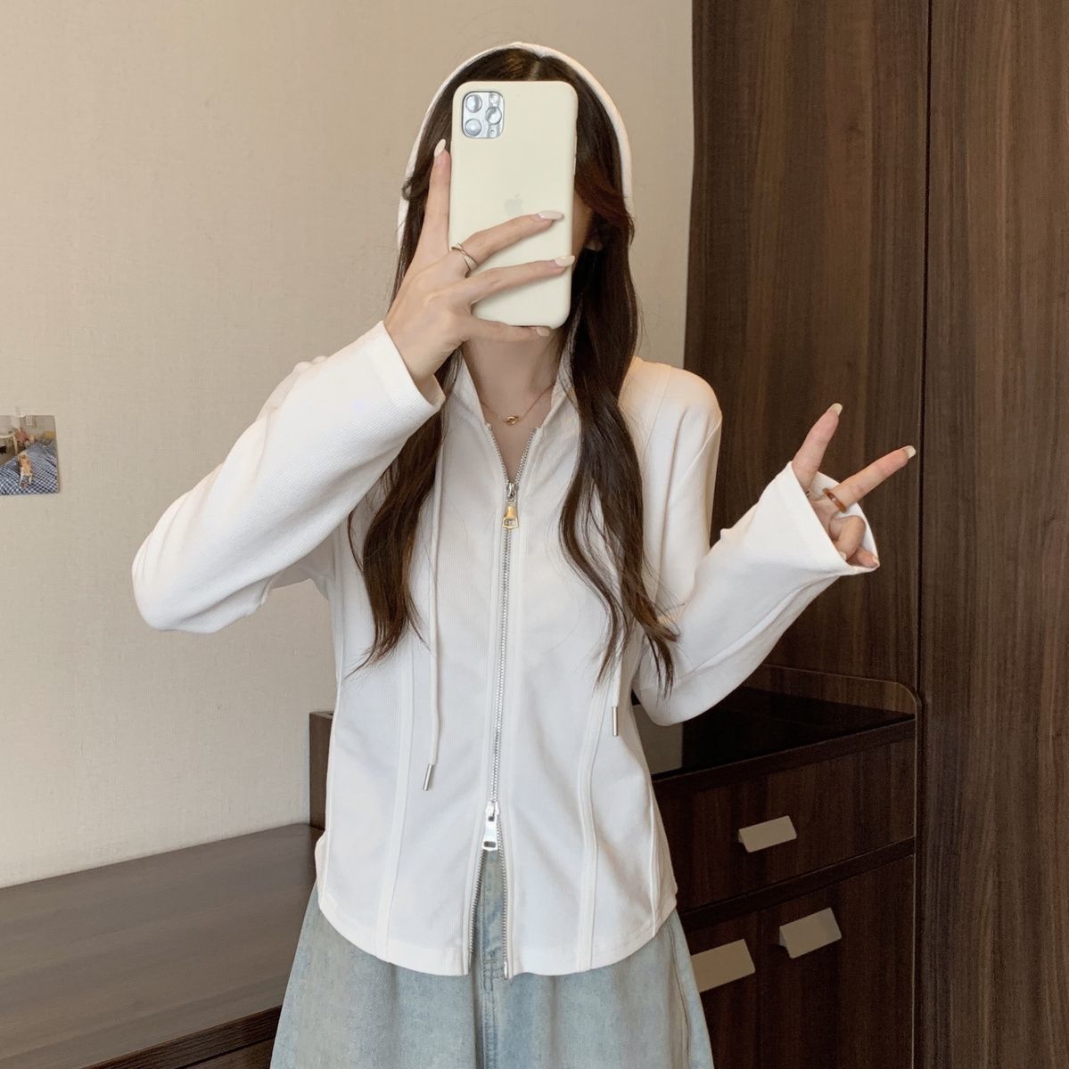 韓版顯瘦雙拉鍊不規則連帽寬鬆長袖T恤-Cicimode