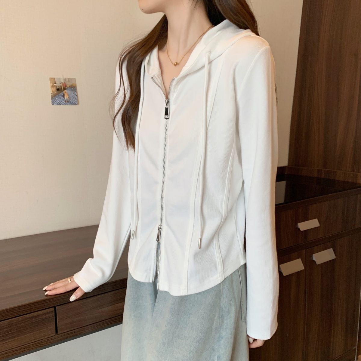 韓版顯瘦雙拉鍊不規則連帽寬鬆長袖T恤-Cicimode