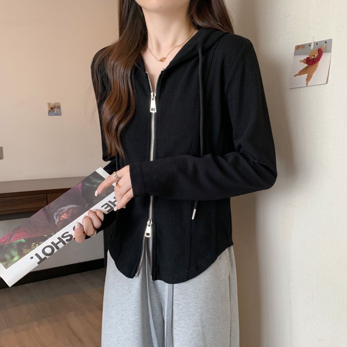 韓版顯瘦雙拉鍊不規則連帽寬鬆長袖T恤-Cicimode