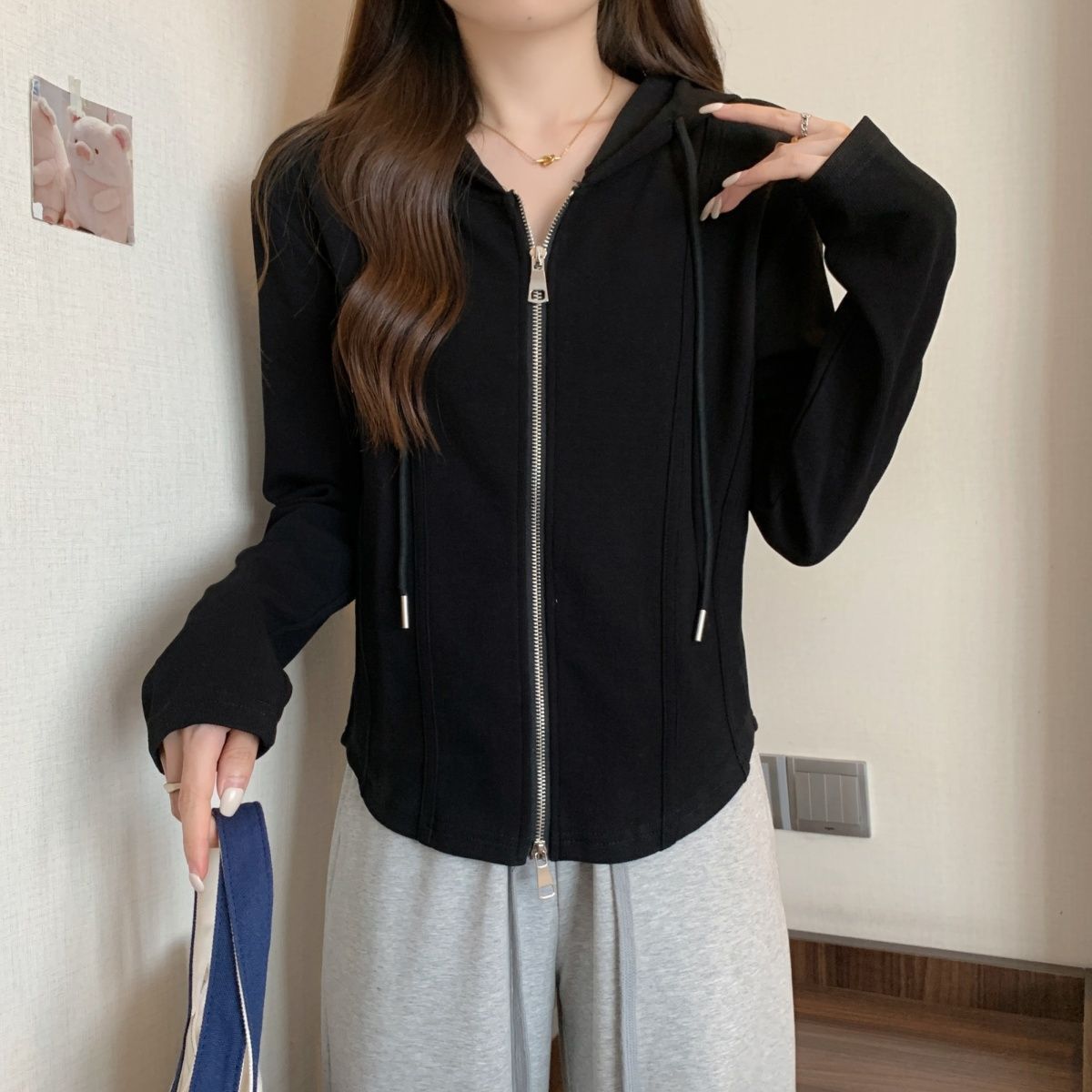 韓版顯瘦雙拉鍊不規則連帽寬鬆長袖T恤-Cicimode