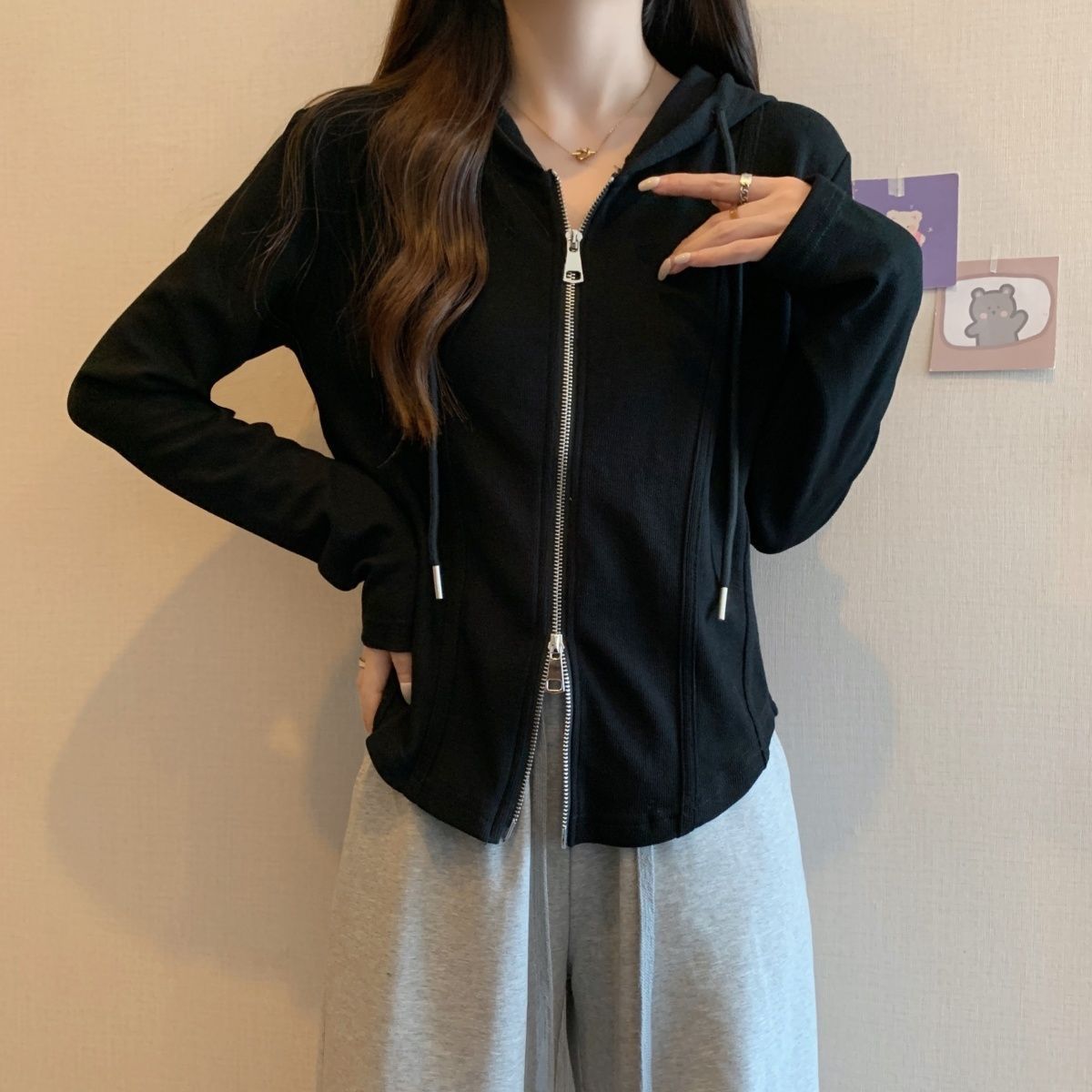 韓版顯瘦雙拉鍊不規則連帽寬鬆長袖T恤-Cicimode