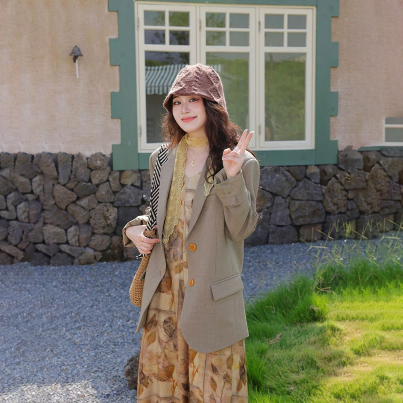 【單件/套裝】秋季溫柔系百搭西裝外套+V領碎花洋裝兩件套裝-Cicimode