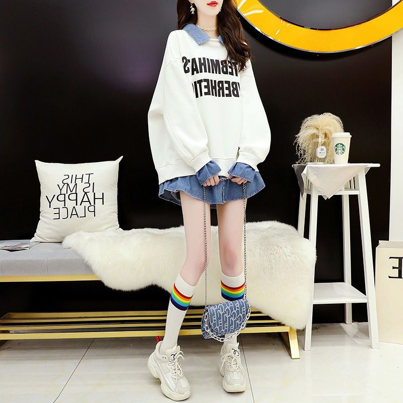 時尚休閒oversize假兩件牛仔拼接翻領衛衣-Cicimode