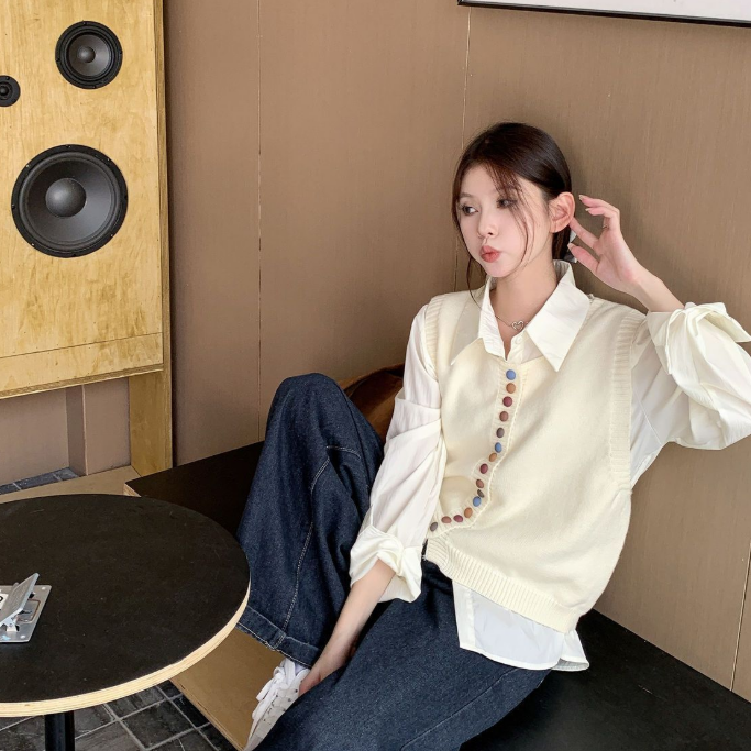 【單件/套裝】彩虹紐扣針織馬甲+通勤遮肉長袖襯衫兩件套-Cicimode