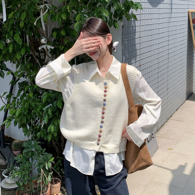 【單件/套裝】彩虹紐扣針織馬甲+通勤遮肉長袖襯衫兩件套-Cicimode