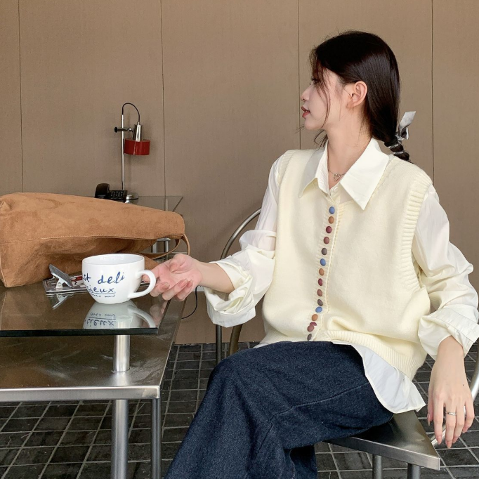 【單件/套裝】彩虹紐扣針織馬甲+通勤遮肉長袖襯衫兩件套-Cicimode