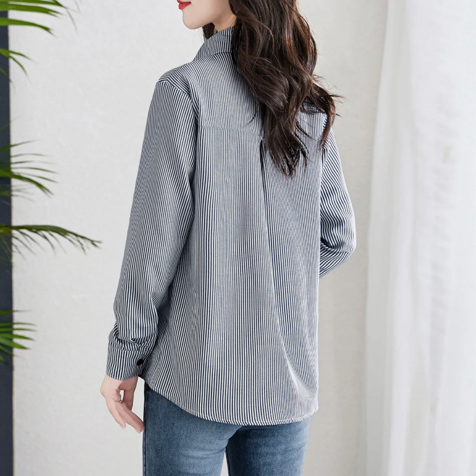 條紋翻領貓咪圖案刺繡通勤長袖氣質襯衫-Cicimode