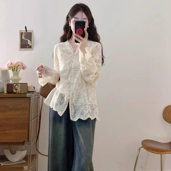 【單件/套裝】百搭蕾絲襯衫+氣質刺繡馬甲+復古闊腿牛仔褲三件套裝-Cicimode