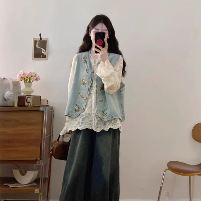 【單件/套裝】百搭蕾絲襯衫+氣質刺繡馬甲+復古闊腿牛仔褲三件套裝-Cicimode