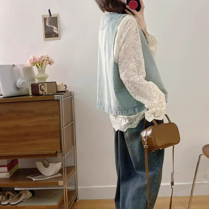【單件/套裝】百搭蕾絲襯衫+氣質刺繡馬甲+復古闊腿牛仔褲三件套裝-Cicimode