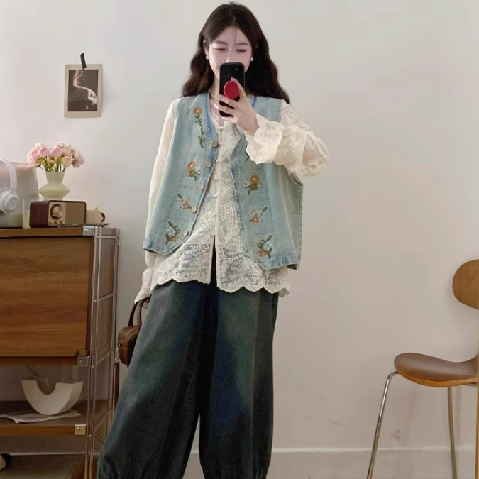 【單件/套裝】百搭蕾絲襯衫+氣質刺繡馬甲+復古闊腿牛仔褲三件套裝-Cicimode