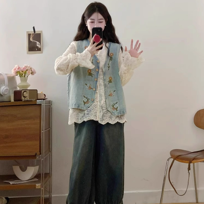 【單件/套裝】百搭蕾絲襯衫+氣質刺繡馬甲+復古闊腿牛仔褲三件套裝-Cicimode