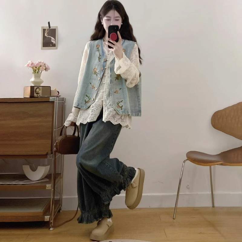 【單件/套裝】百搭蕾絲襯衫+氣質刺繡馬甲+復古闊腿牛仔褲三件套裝-Cicimode