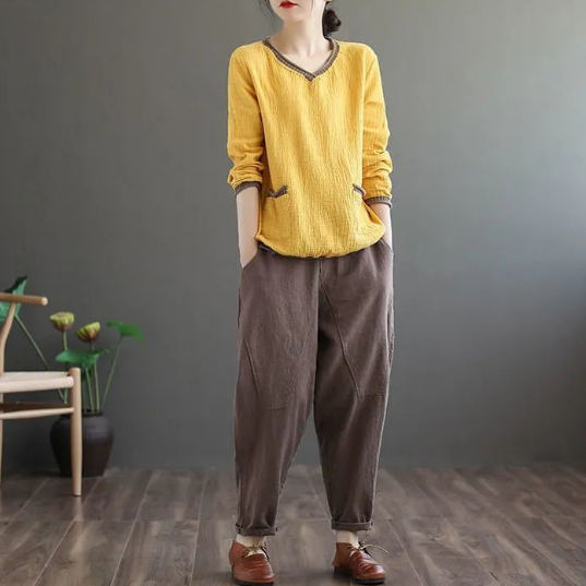 新款國風秋季女裝民族復古艺文V領打底長袖T恤上衣