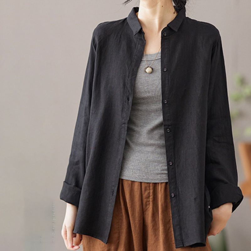 文藝復古亞麻翻領氣質長袖襯衫-Cicimode