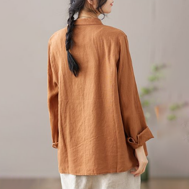 文藝復古亞麻翻領氣質長袖襯衫-Cicimode