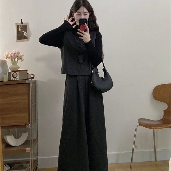 【單件/套裝】復古輕熟毛呢馬甲+長袖T恤+顯瘦闊腿褲三件套裝-Cicimode