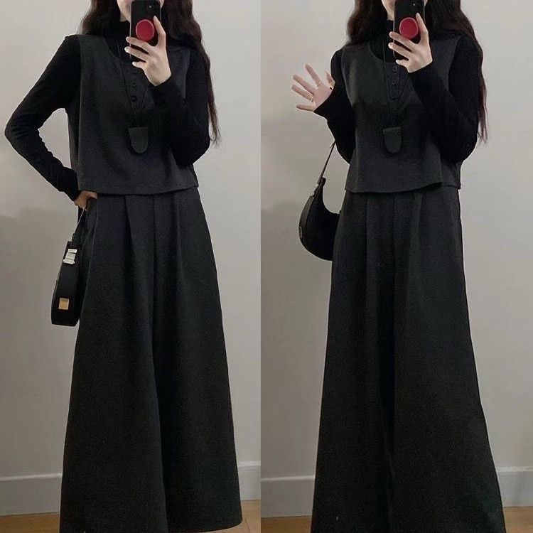 【單件/套裝】復古輕熟毛呢馬甲+長袖T恤+顯瘦闊腿褲三件套裝-Cicimode