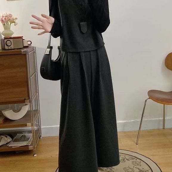 【單件/套裝】復古輕熟毛呢馬甲+長袖T恤+顯瘦闊腿褲三件套裝-Cicimode