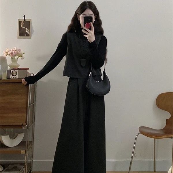 【單件/套裝】復古輕熟毛呢馬甲+長袖T恤+顯瘦闊腿褲三件套裝-Cicimode
