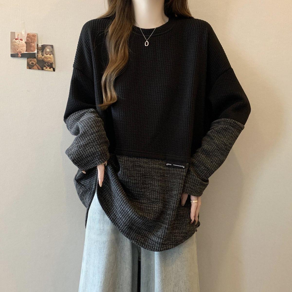 2色設計感拼接寬鬆慵懶撞色長袖T恤-Cicimode