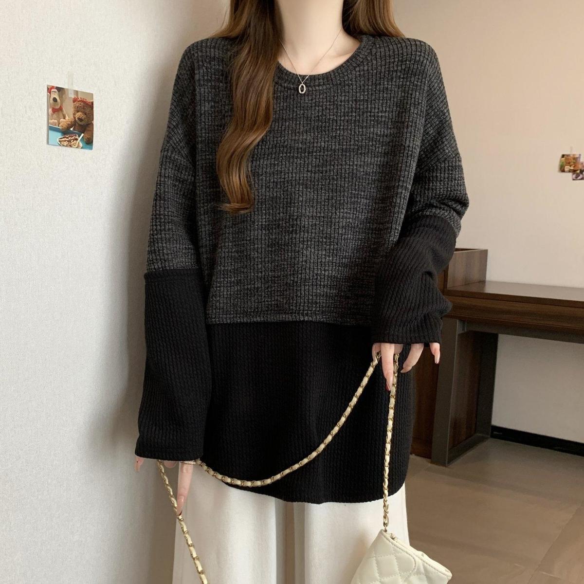 2色設計感拼接寬鬆慵懶撞色長袖T恤-Cicimode