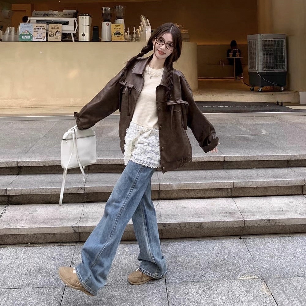 甜美內搭設計感拼接下擺蕾絲長袖打底衫-Cicimode