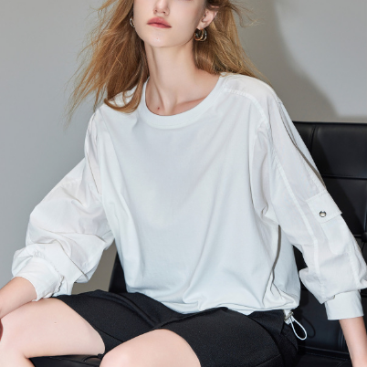 簡約風通勤工裝口袋時尚拼接襯衫下擺鬆緊襯衣