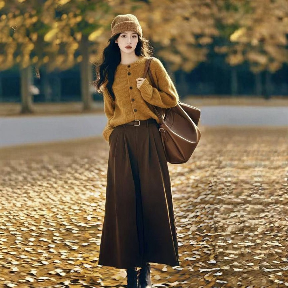 【單件/套裝】韓系溫柔風復古針織毛衣+美拉德色系半身裙兩件套-Cicimode