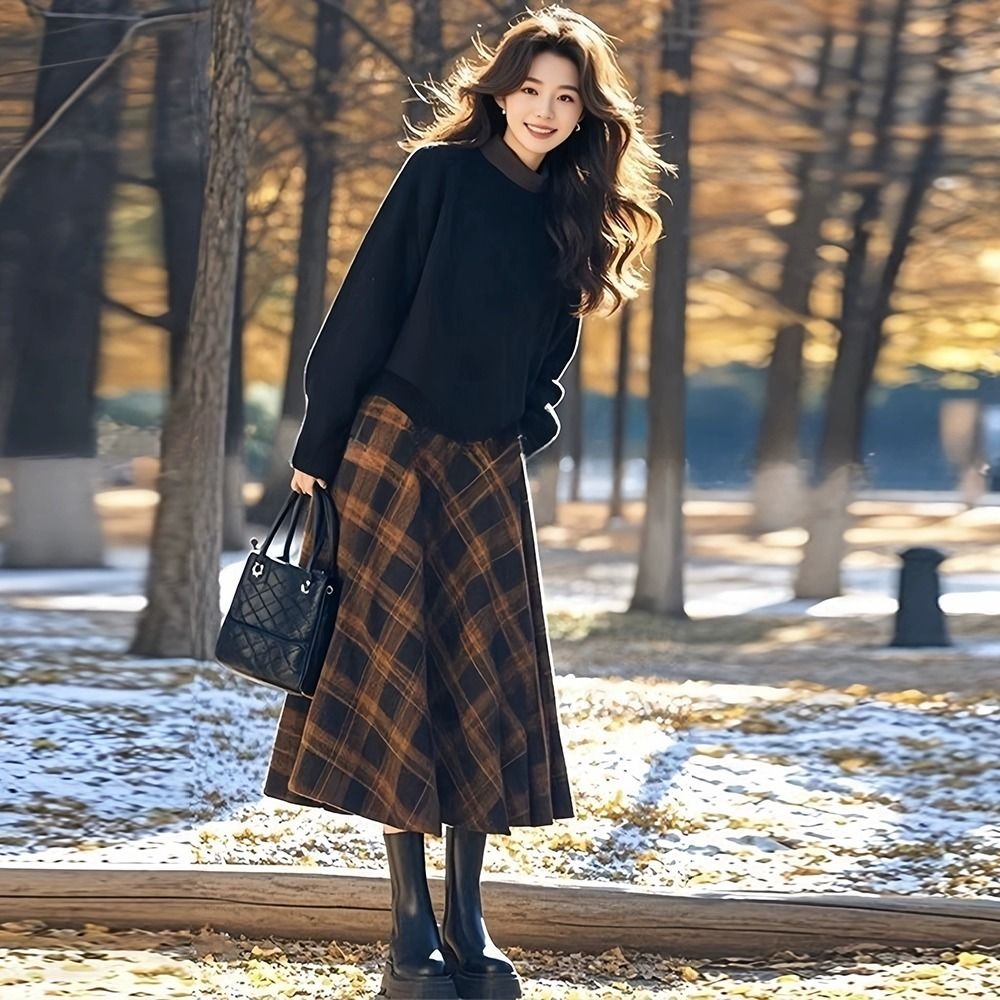 【單件/套裝】小香風撞色減齡毛衣+格子半身裙兩件套裝-Cicimode