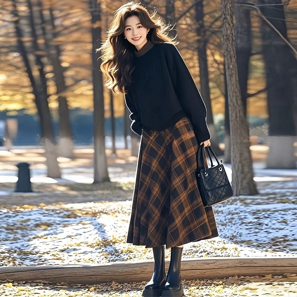 【單件/套裝】小香風撞色減齡毛衣+格子半身裙兩件套裝-Cicimode