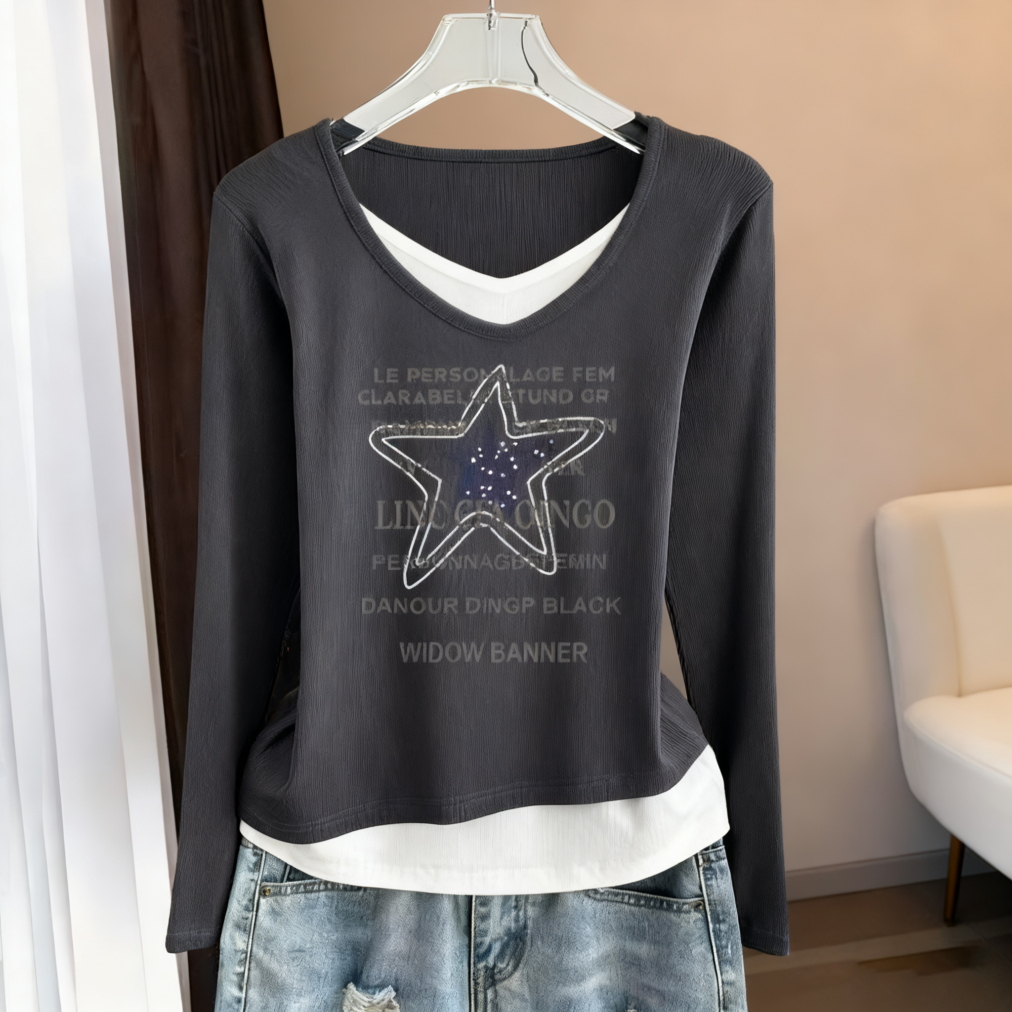 時尚顯瘦假兩件德絨撞色V領長袖T恤-Cicimode