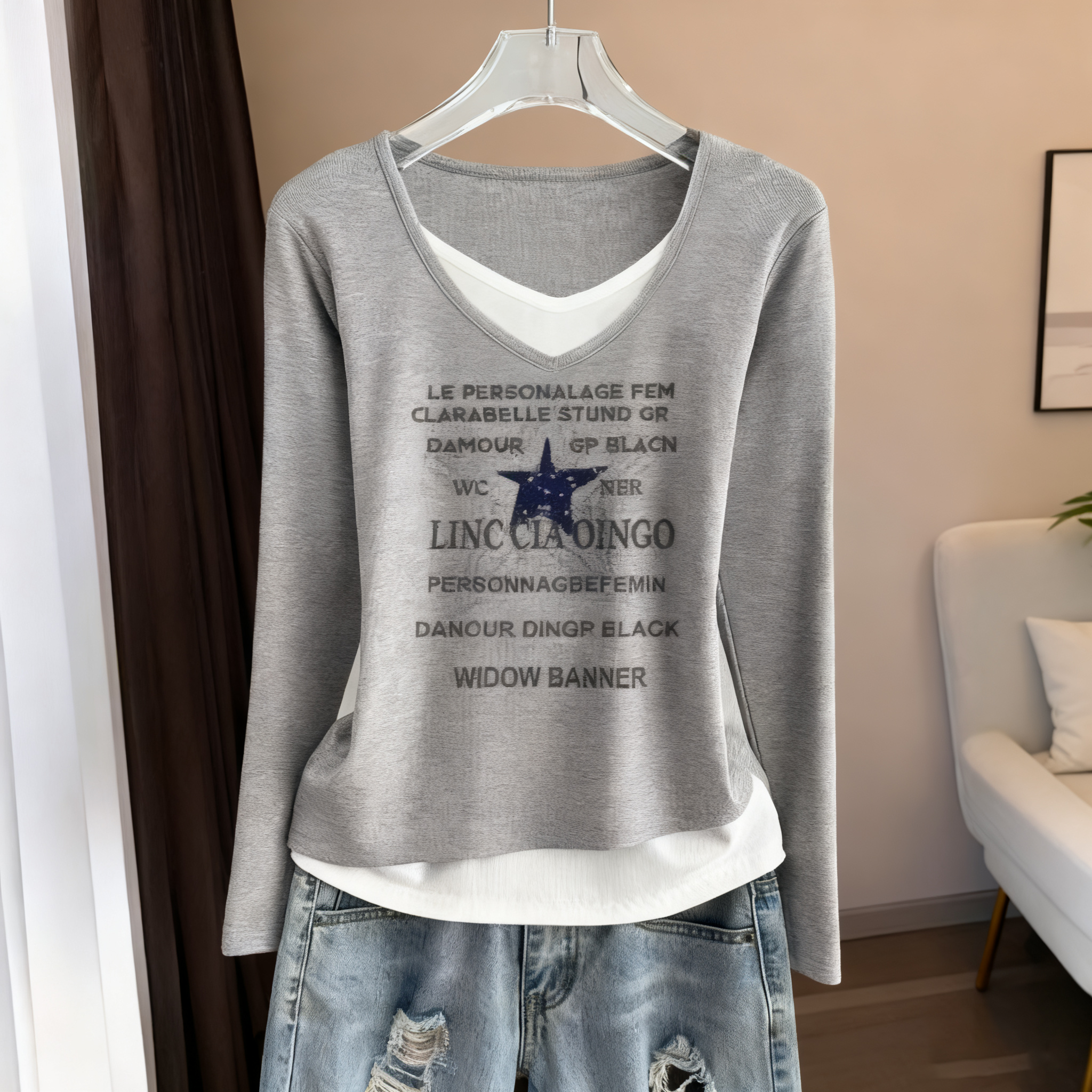 時尚顯瘦假兩件德絨撞色V領長袖T恤-Cicimode