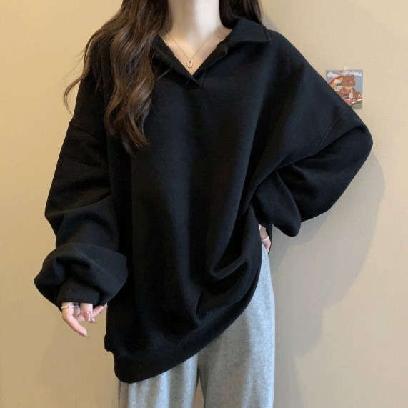 美式寬鬆翻領oversize顯瘦長袖T恤-Cicimode