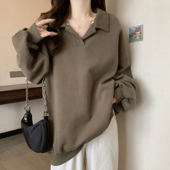 美式寬鬆翻領oversize顯瘦長袖T恤-Cicimode