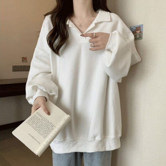 美式寬鬆翻領oversize顯瘦長袖T恤-Cicimode