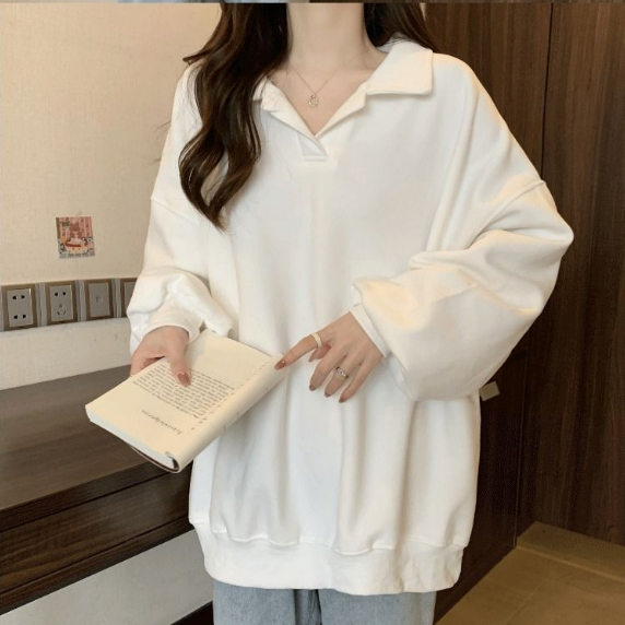 美式寬鬆翻領oversize顯瘦長袖T恤-Cicimode