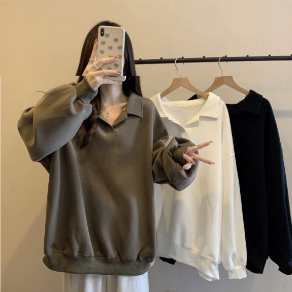 美式寬鬆翻領oversize顯瘦長袖T恤-Cicimode