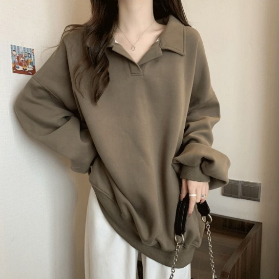 美式寬鬆翻領oversize顯瘦長袖T恤-Cicimode