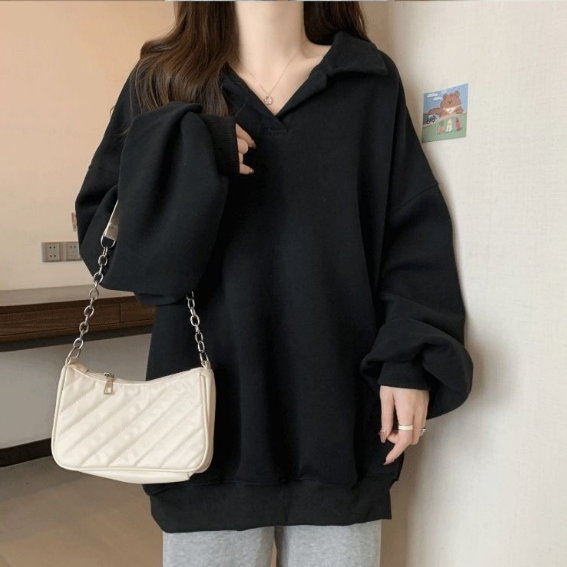 美式寬鬆翻領oversize顯瘦長袖T恤-Cicimode