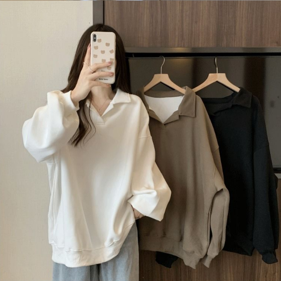 美式寬鬆翻領oversize顯瘦長袖T恤-Cicimode