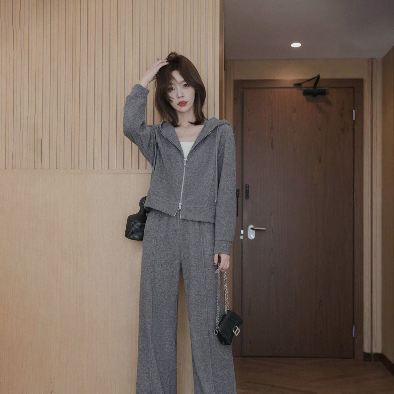 【單件/套裝】時尚連帽短版雙拉鏈外套+直筒休閒褲兩件套-Cicimode