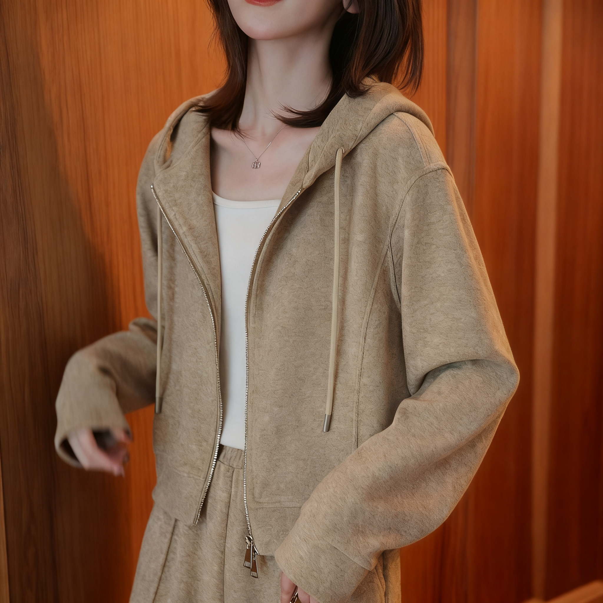 【單件/套裝】時尚連帽短版雙拉鏈外套+直筒休閒褲兩件套-Cicimode