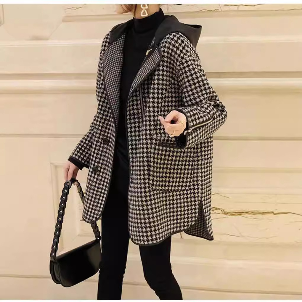 時尚寬鬆顯瘦連帽千鳥格中長毛呢外套-Cicimode