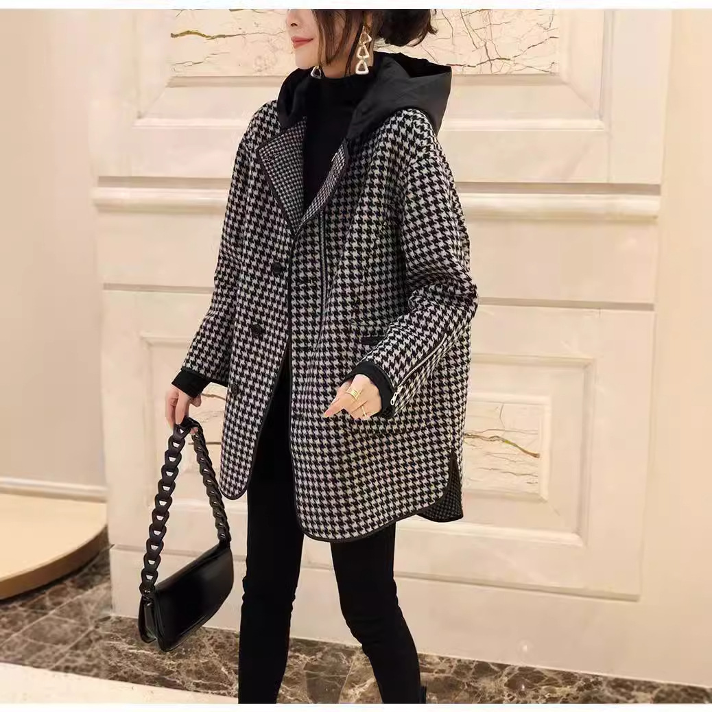 時尚寬鬆顯瘦連帽千鳥格中長毛呢外套-Cicimode