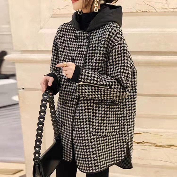 時尚寬鬆顯瘦連帽千鳥格中長毛呢外套-Cicimode