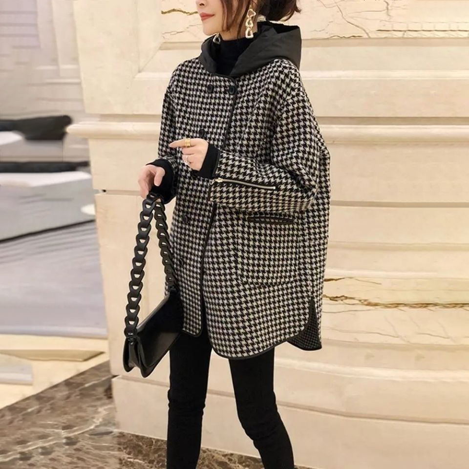時尚寬鬆顯瘦連帽千鳥格中長毛呢外套-Cicimode