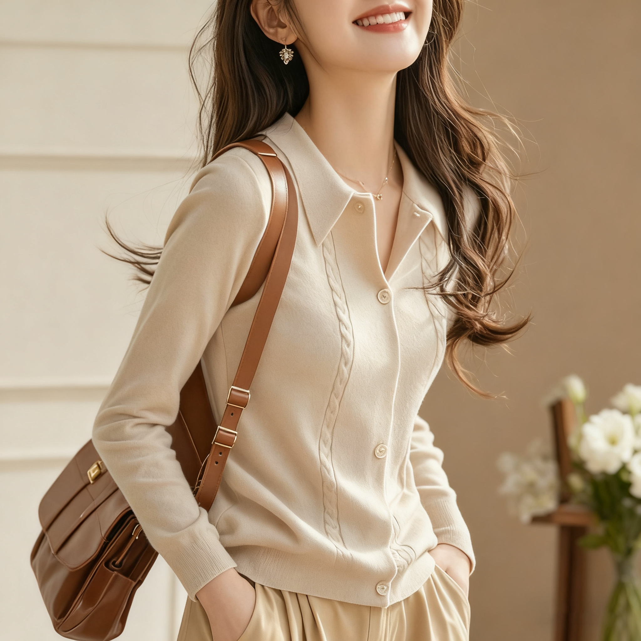 法式氣質百搭翻領顯瘦針織開衫-Cicimode